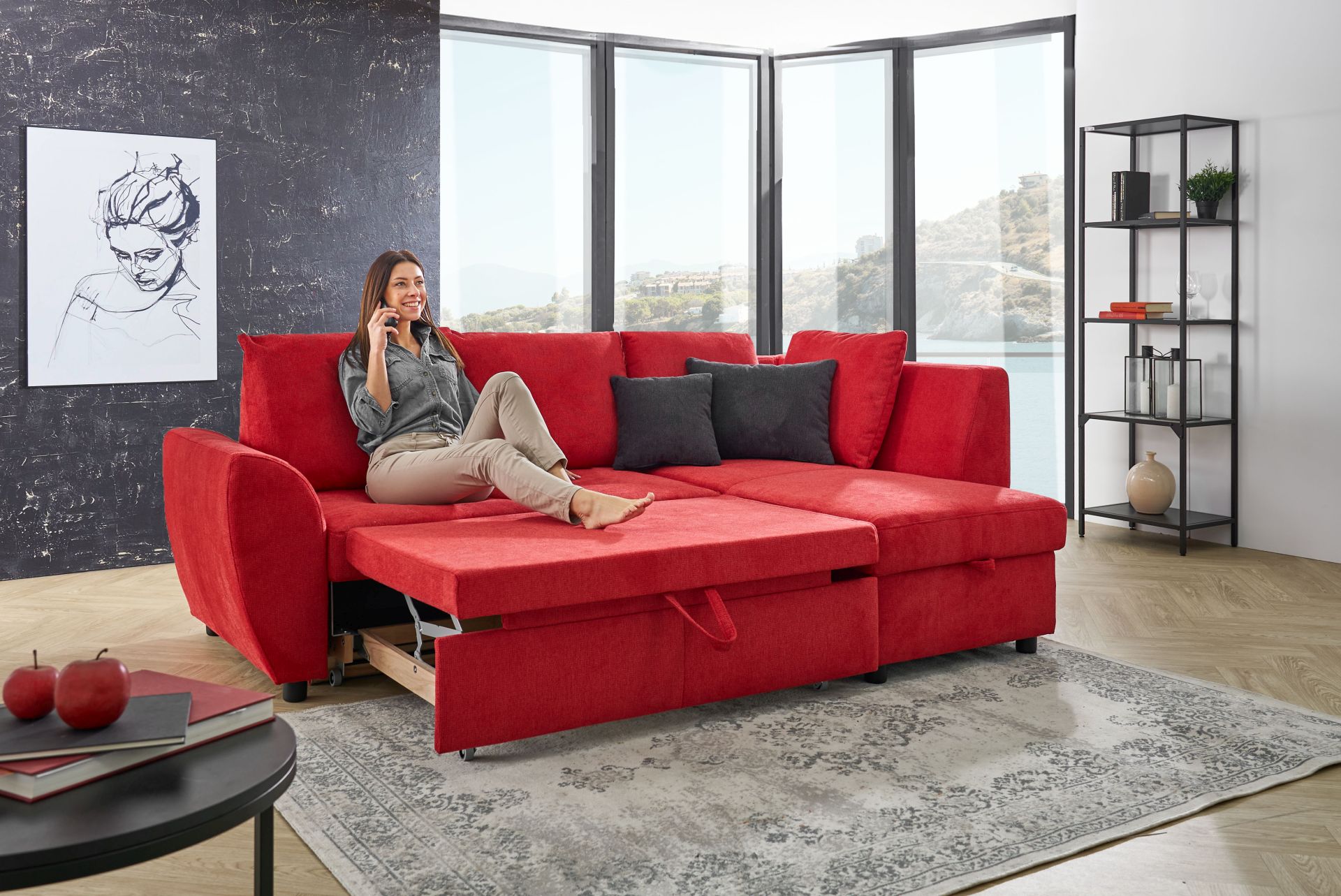 Sedac souprava MULTIFLEXX PLUS_ sestava 2112_BETT.E + 8302_BK_ podruka . 4_  rozmry sestavy zleva 231 x 162 cm_ plocha na span 120 x 205 cm_ lon prostor_ obr. 3